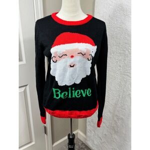 Dec 25th Womens Large Santa Claus Believe Ugly Christmas Sweater Long Sleeve